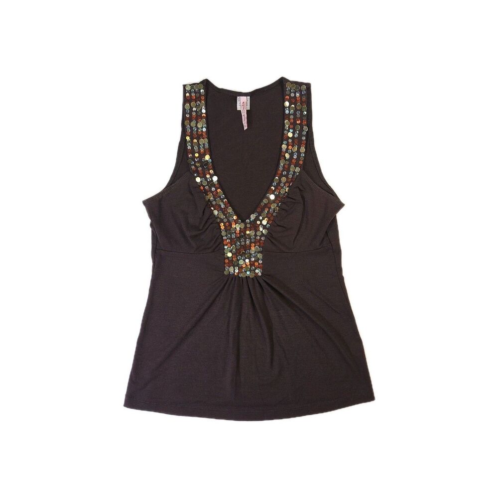 Heart Soul Women's Top S Brown Sleeveless Gold Red Sequins Bella Core Whimsy
